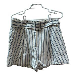 NWT Moodie White & Blue Double Pinstripe Fabric Belted High Waisted‎ Shorts Sz L